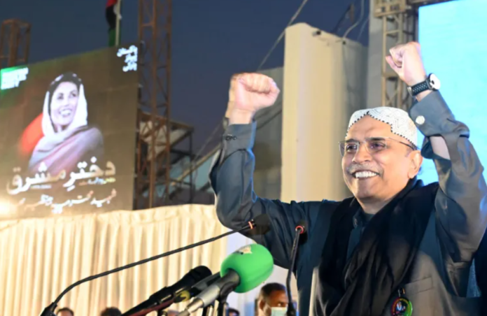 Asif Ali Zardari during a campaign rally in Garhi Khuda Bakhsh village, Larkana